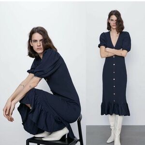 Zara Ribbed Knit Midi Dress Gold Buttons Medium Navy Blue Puff Sleeves Bodycon